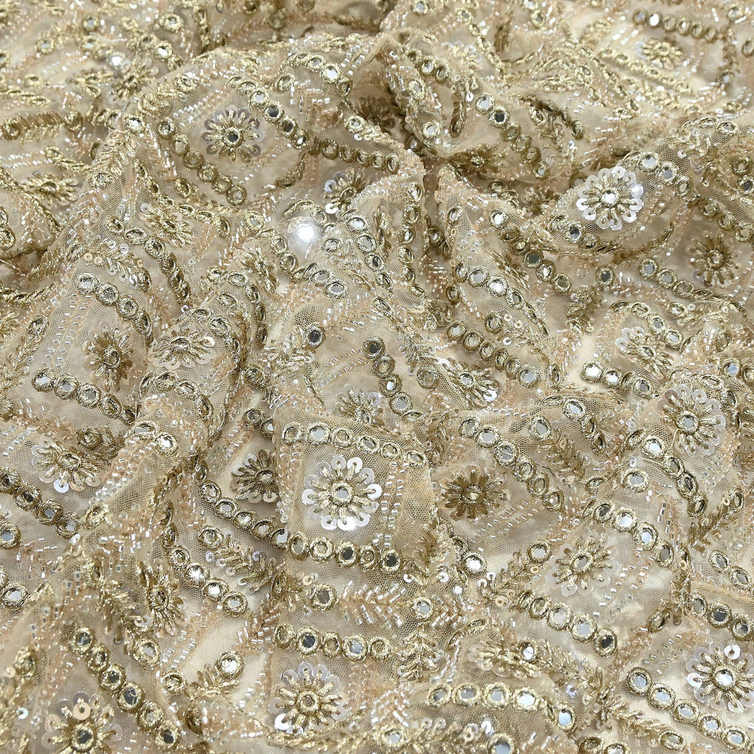 Dyeable Net Fabric with Moti & Mirror Embroidery – Premium Designer Embellished Net Fabric| KF2831-1