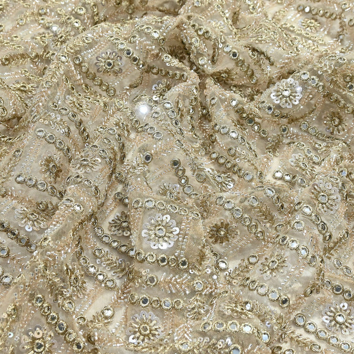 Dyeable Net Fabric with Moti & Mirror Embroidery – Premium Designer Embellished Net Fabric| KF2831-1