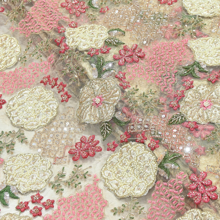 Dyed Net Zari Moti & Sequins Embroidery Fabric – Premium Designer Embellished Net| V2498C-1