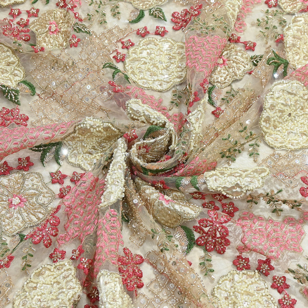Dyed Net Zari Moti & Sequins Embroidery Fabric – Premium Designer Embellished Net| V2498C-1