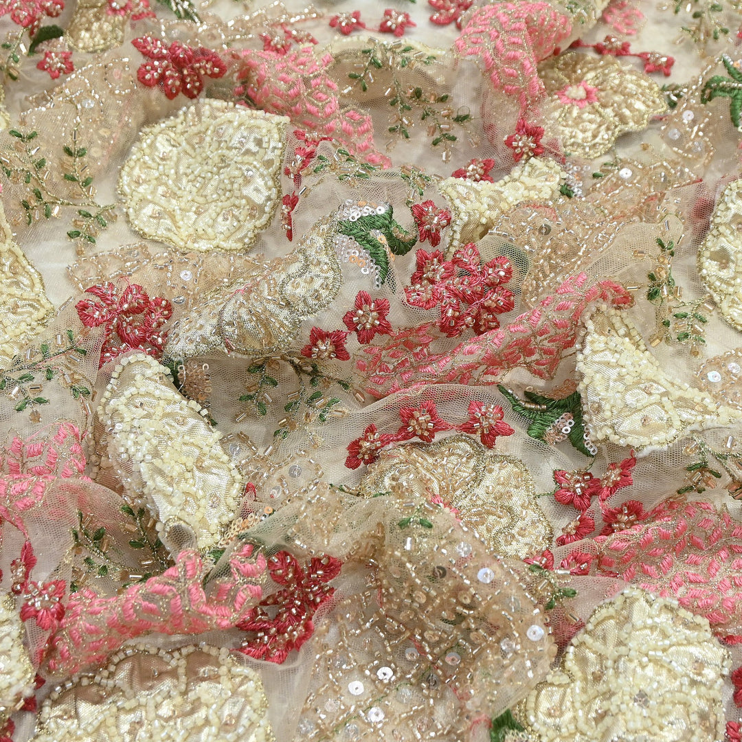 Dyed Net Zari Moti & Sequins Embroidery Fabric – Premium Designer Embellished Net| V2498C-1