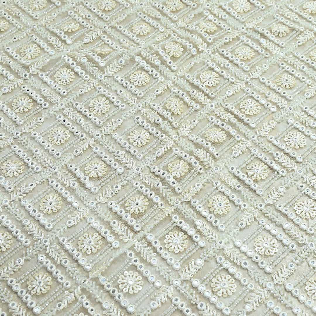 Dyeable Net Moti & Mirror Embroidery Fabric – Premium Designer Net Material | KF2831