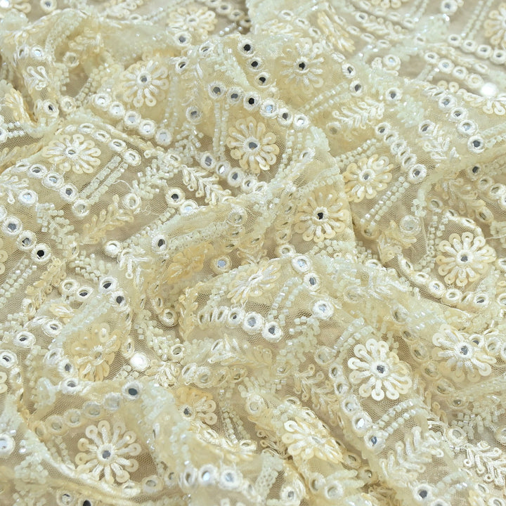 Dyeable Net Moti & Mirror Embroidery Fabric – Premium Designer Net Material | KF2831