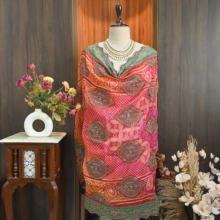 Premium Organza Bandhani Print Zari & Sequins Embroidery Dupatta | Designer Ethnic Dupatta | RD7228-1