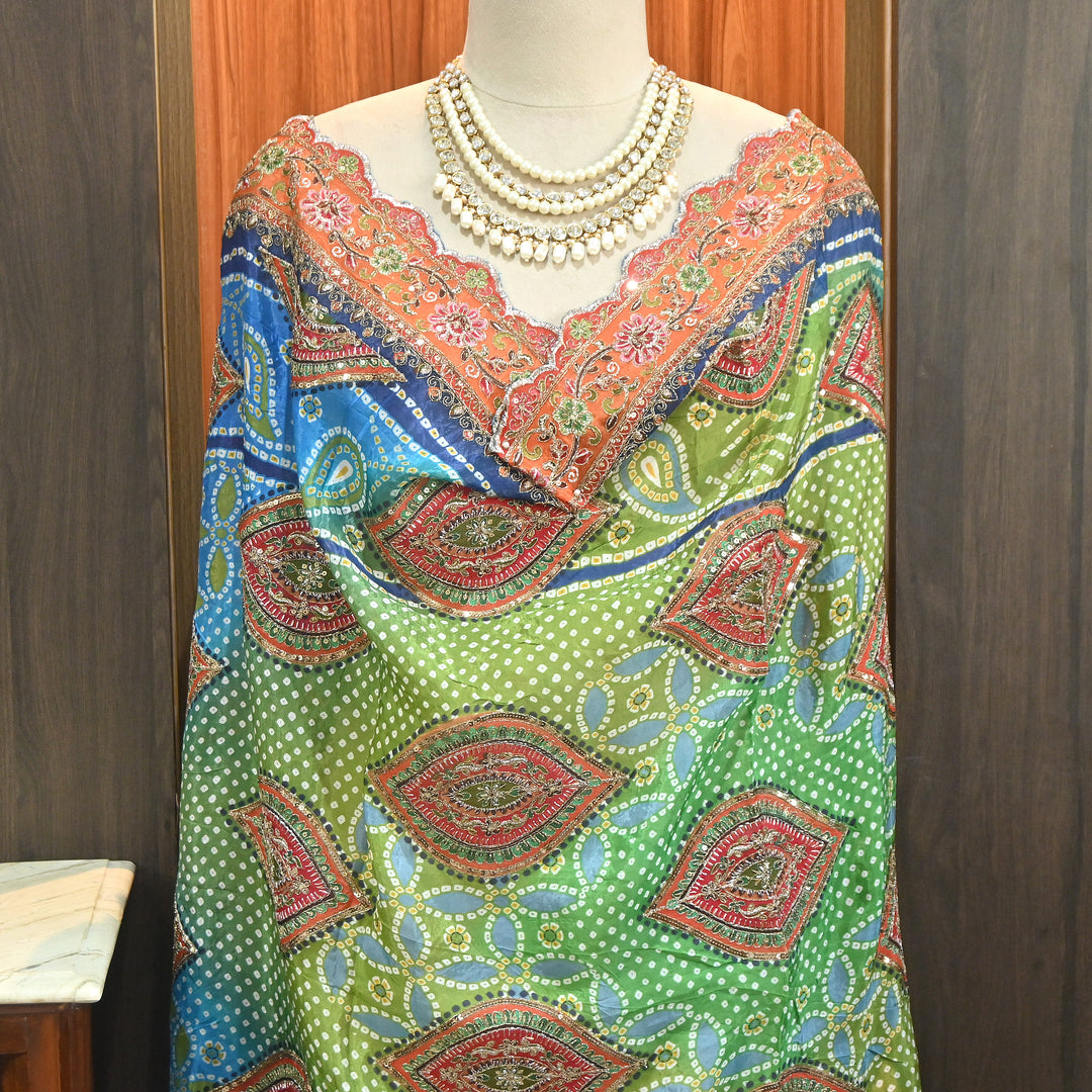 Premium Organza Bandhani Print Zari & Sequins Embroidery Dupatta | Designer Ethnic Dupatta | RD7228-3