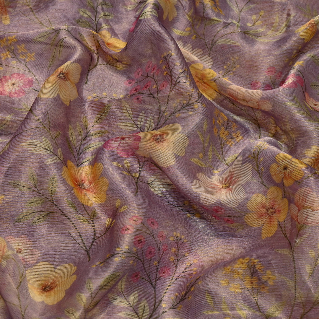 Floral Tissue Digital Print Zari Stripe Designer Fabric