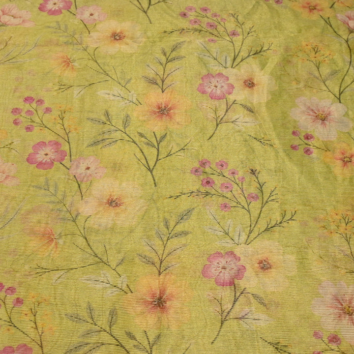 Floral Tissue Digital Print Zari Stripe Designer Fabric