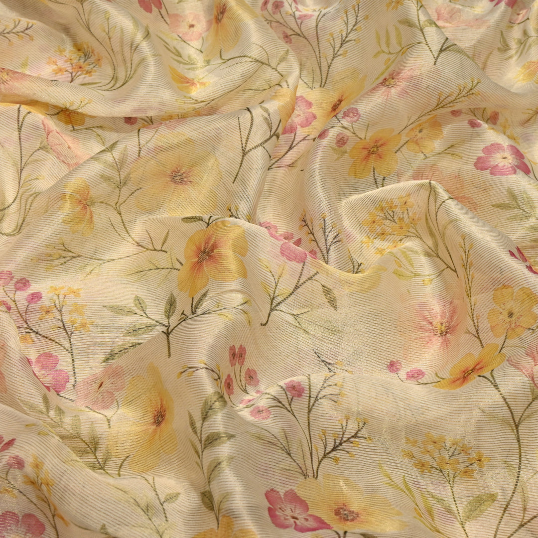 Floral Tissue Digital Print Zari Stripe Designer Fabric