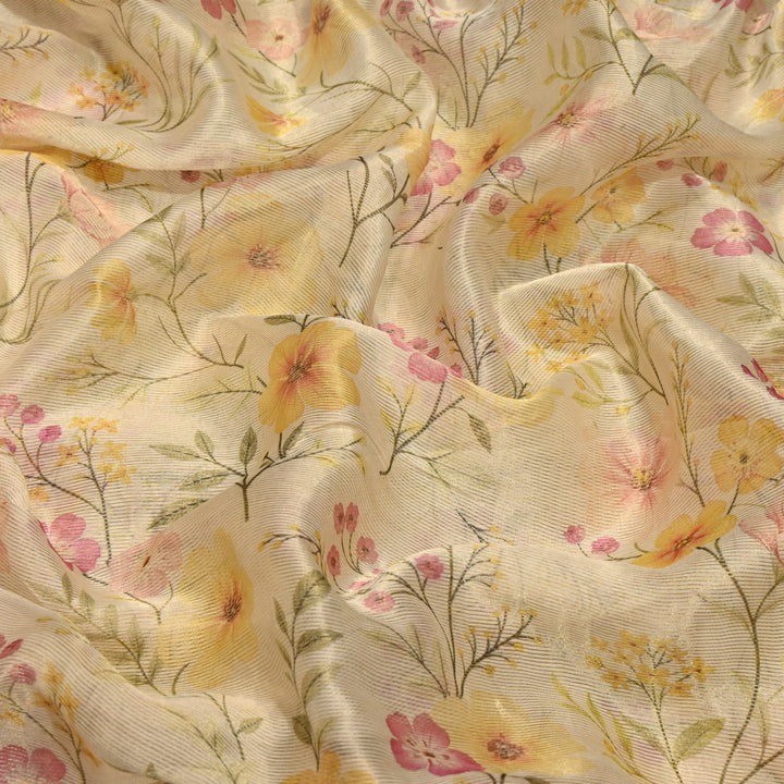 Floral Tissue Digital Print Zari Stripe Designer Fabric