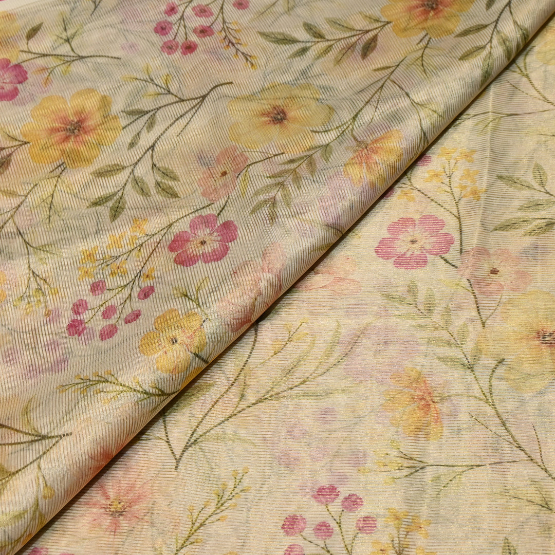 Floral Tissue Digital Print Zari Stripe Designer Fabric