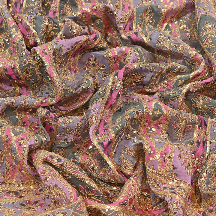 Dyed Crepe Position Print Zari & Sequins Embroidery Fabric 54" – Designer Party Wear Fabric | ND9778-1