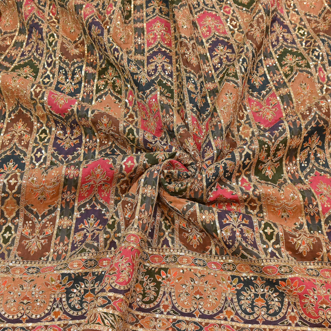 Dyed Crepe Position Print Zari & Sequins Embroidery Fabric 54" – Designer Party Wear Fabric | ND9778-3