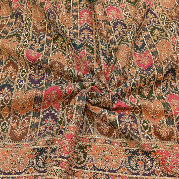 Dyed Crepe Position Print Zari & Sequins Embroidery Fabric 54" – Designer Party Wear Fabric | ND9778-3