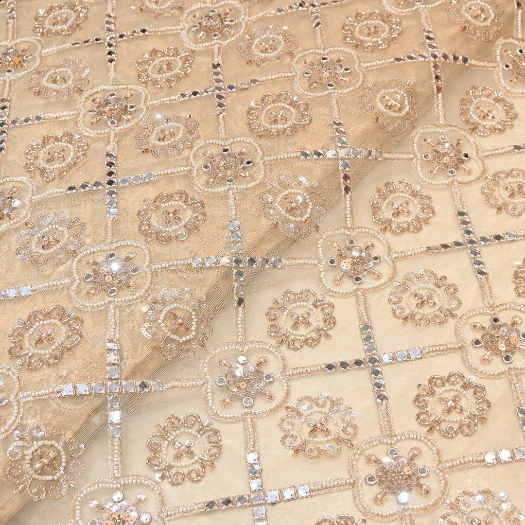 Net Mirror Zari & Moti Sequins Embroidery Fabric | Designer Fabrics | KF2712