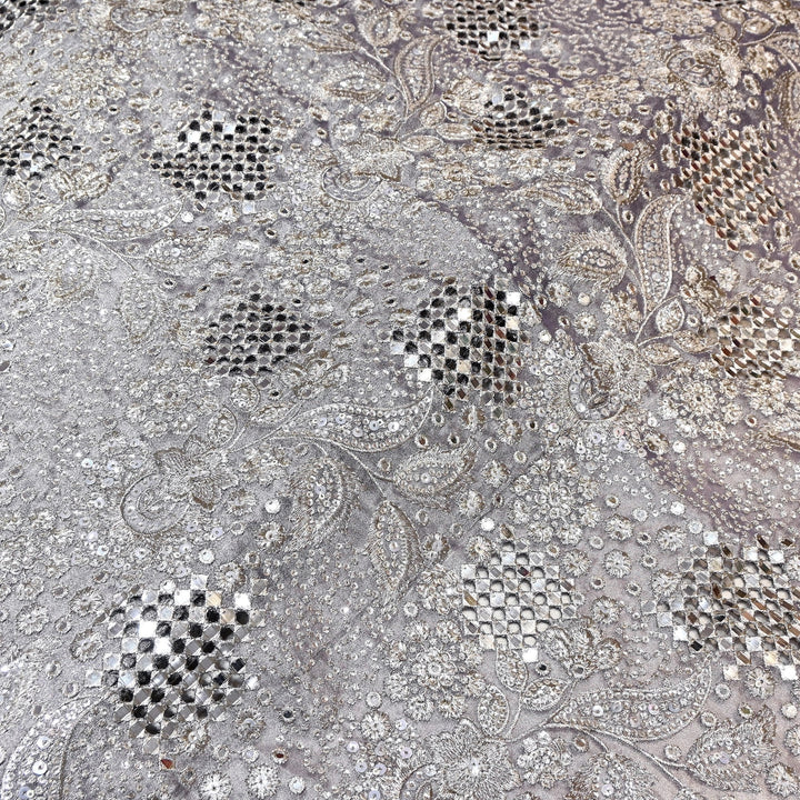 Dyed Tissue Zari Mirror & Sequins Embroidery Fabric – Premium Designer Tissue Fabric V2643C-4
