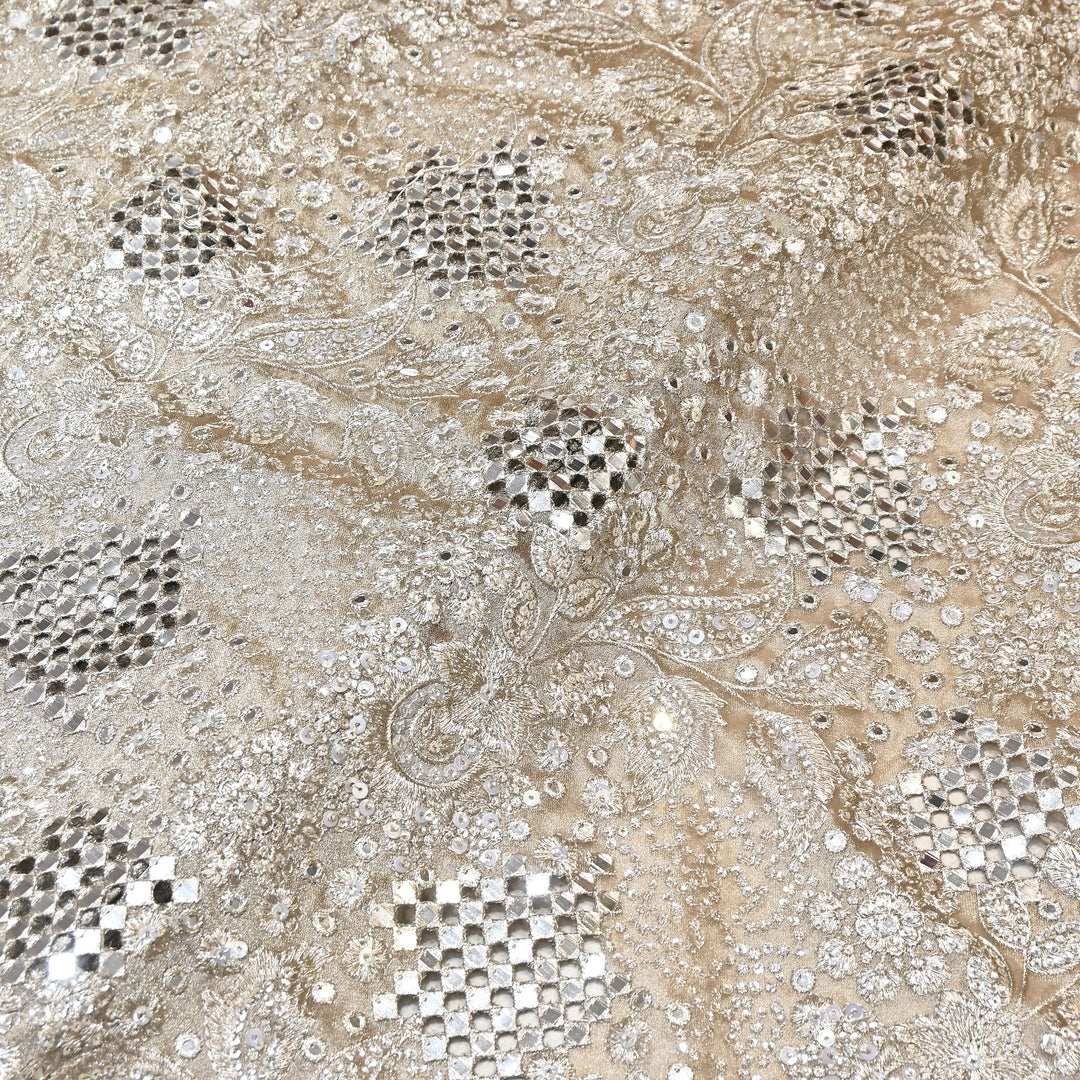 Dyed Tissue Zari Mirror & Sequins Embroidery Fabric – Premium Designer Tissue Fabric V2643C-3
