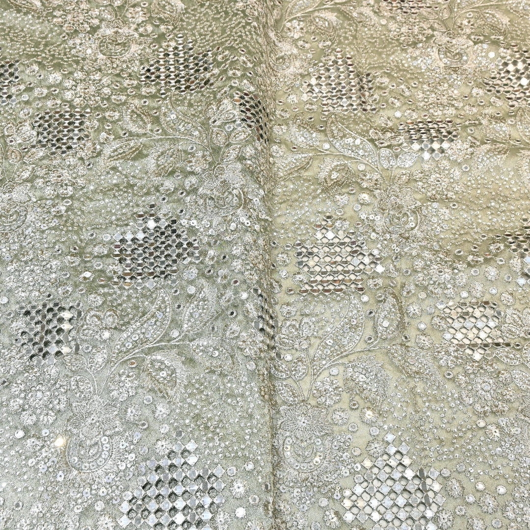 Dyed Tissue Zari Mirror & Sequins Embroidery Fabric – Premium Designer Tissue Fabric V2643C-2