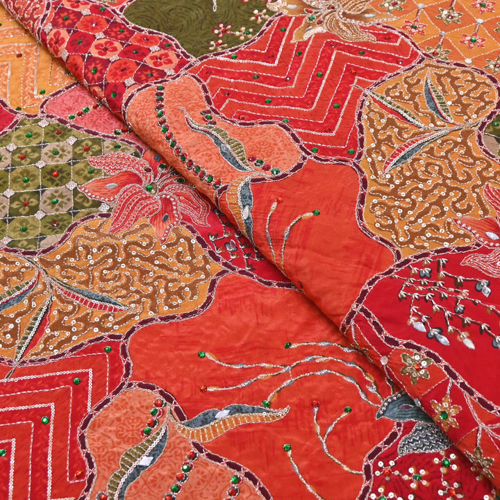 Multi Color Crape Position Print Handwork Sequins Embroidery Fabric | PS0705-01