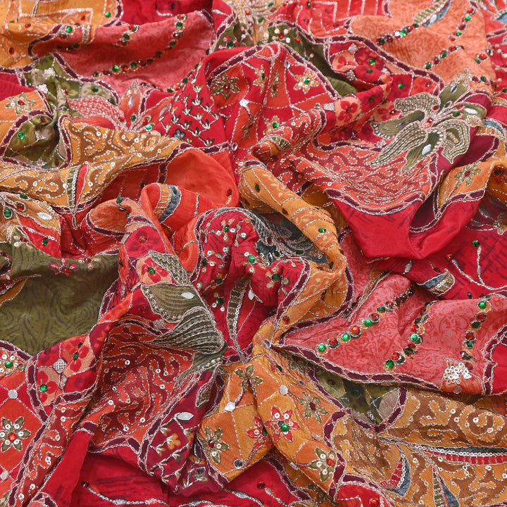 Multi Color Crape Position Print Handwork Sequins Embroidery Fabric | PS0705-01