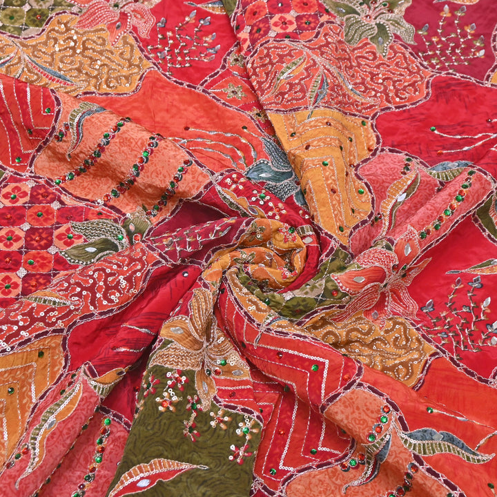 Multi Color Crape Position Print Handwork Sequins Embroidery Fabric | PS0705-01