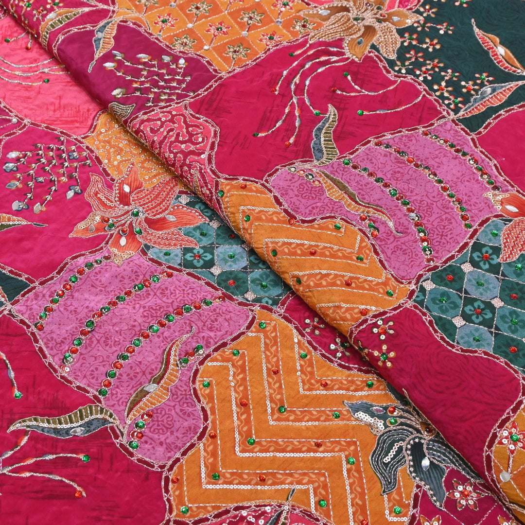 Multi Color Crape Position Print Handwork Sequins Embroidery Fabric | PS0705-02