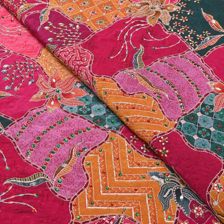 Multi Color Crape Position Print Handwork Sequins Embroidery Fabric | PS0705-02