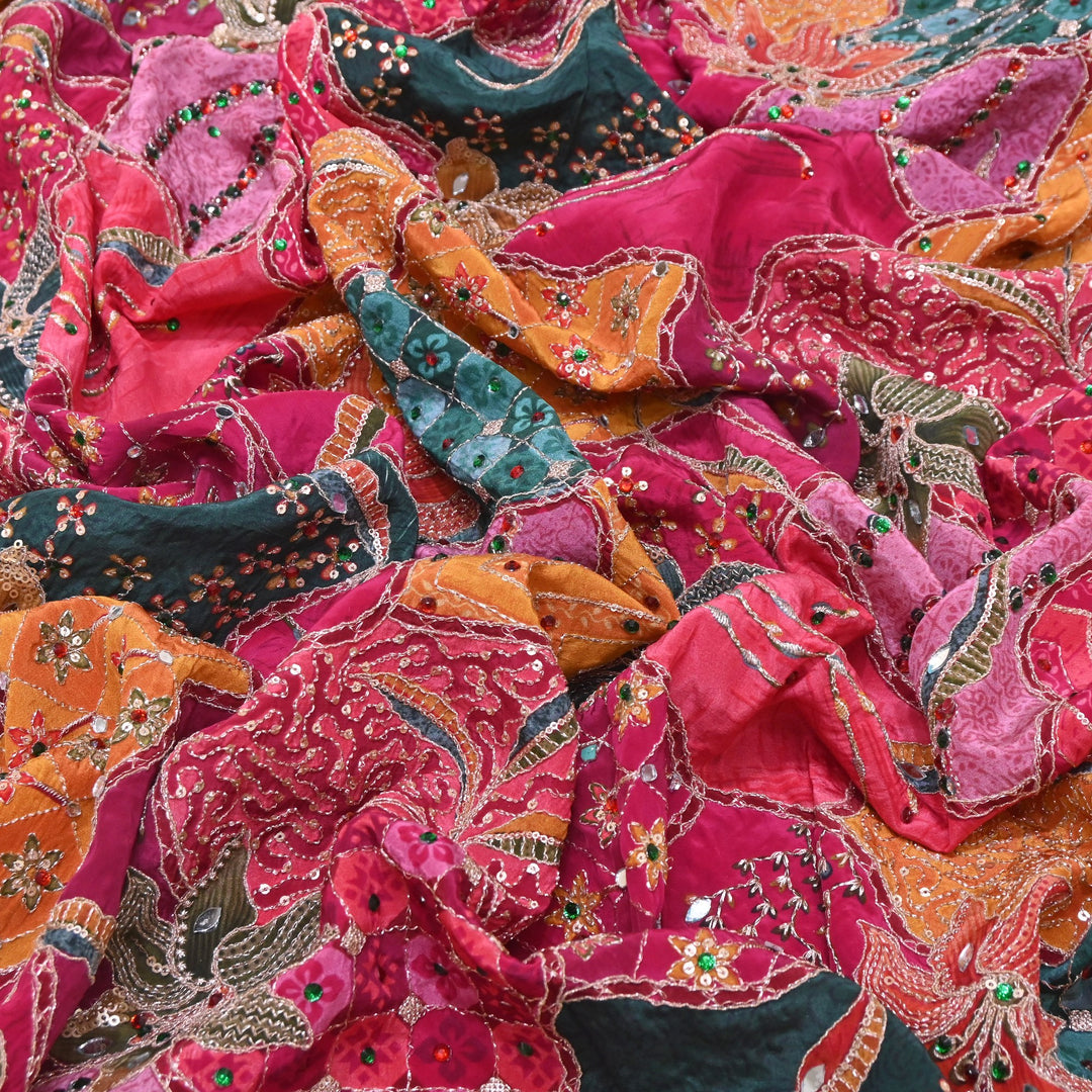 Multi Color Crape Position Print Handwork Sequins Embroidery Fabric | PS0705-02