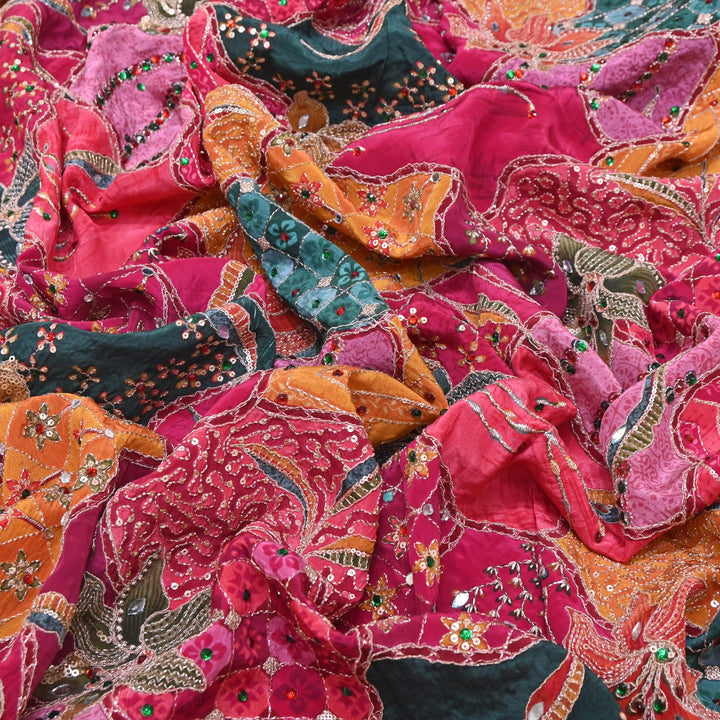 Multi Color Crape Position Print Handwork Sequins Embroidery Fabric | PS0705-02