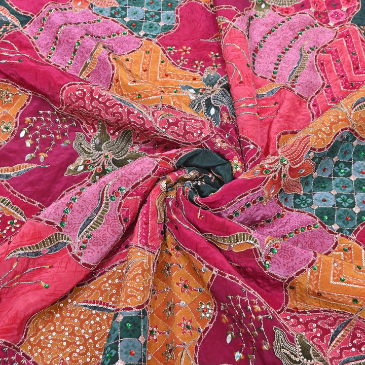 Multi Color Crape Position Print Handwork Sequins Embroidery Fabric | PS0705-02