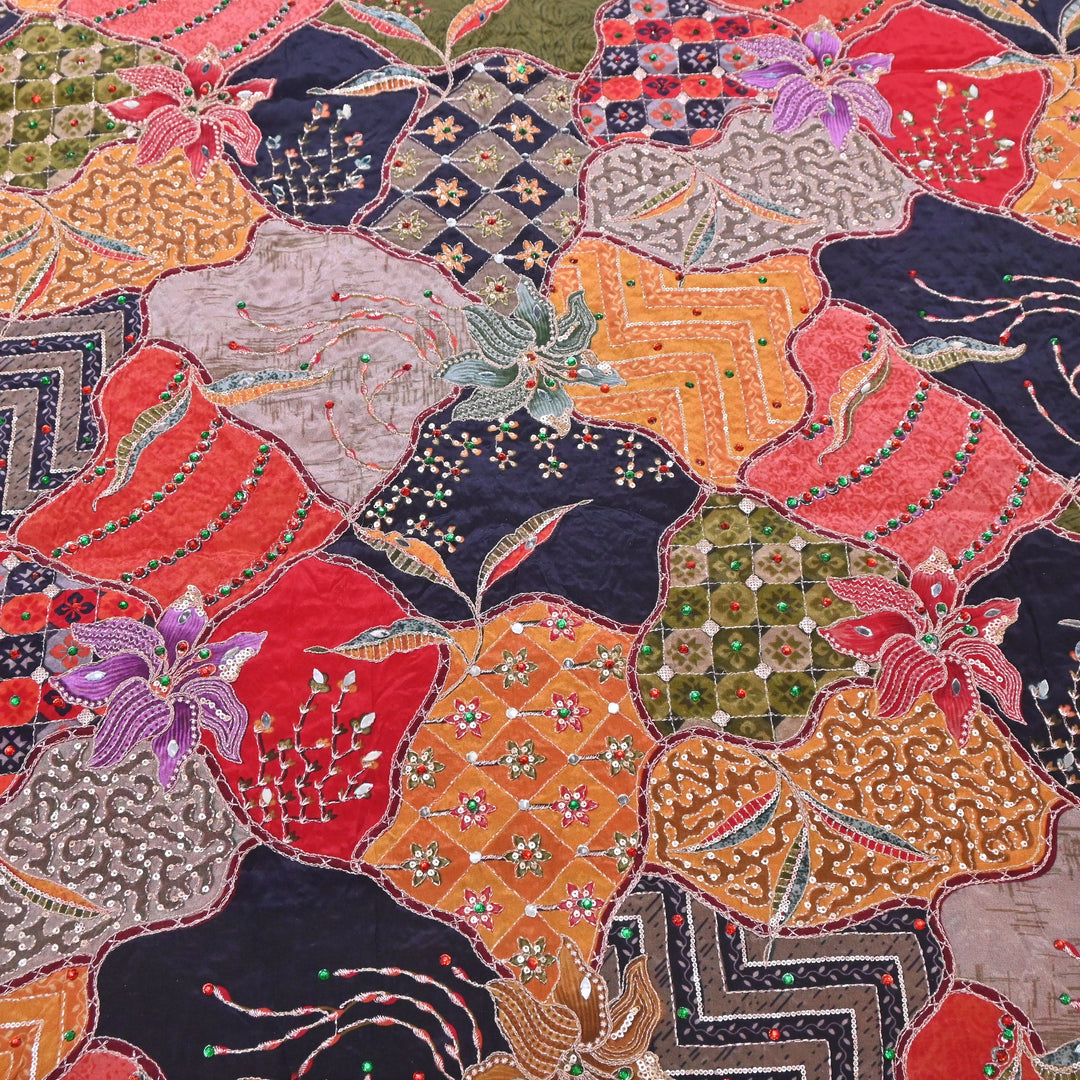 Multi Color Crape Position Print Handwork Sequins Embroidery Fabric | PS0705-03