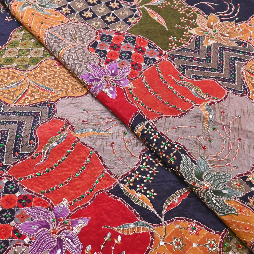 Multi Color Crape Position Print Handwork Sequins Embroidery Fabric | PS0705-03