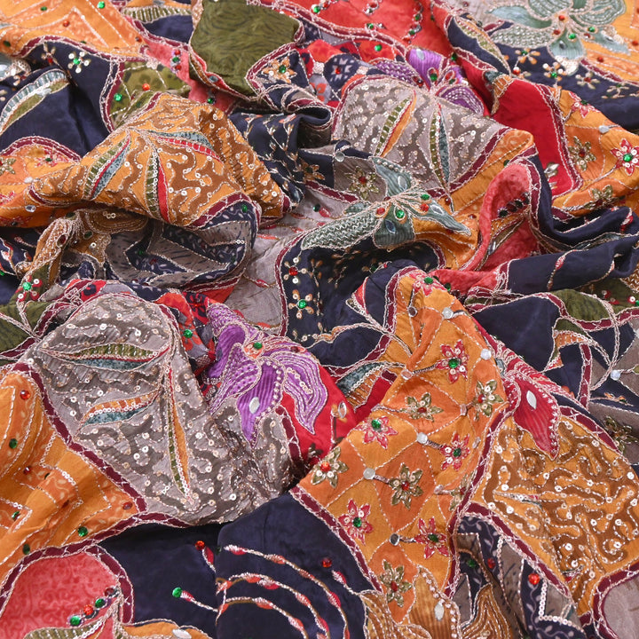 Multi Color Crape Position Print Handwork Sequins Embroidery Fabric | PS0705-03