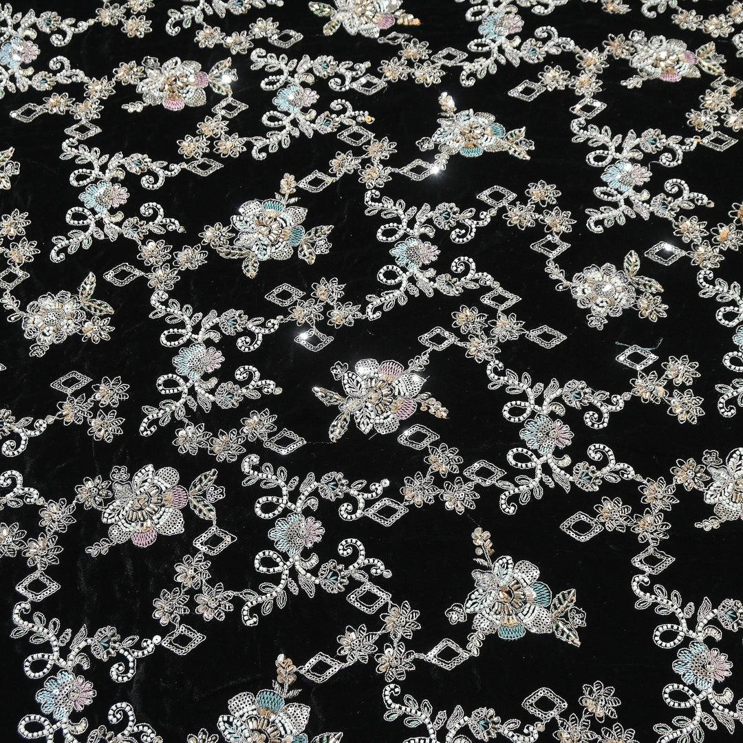 Premium Velvet Zari Moti & Sequins Embroidery Fabric – Luxury Designer Velvet Fabric | KC71432