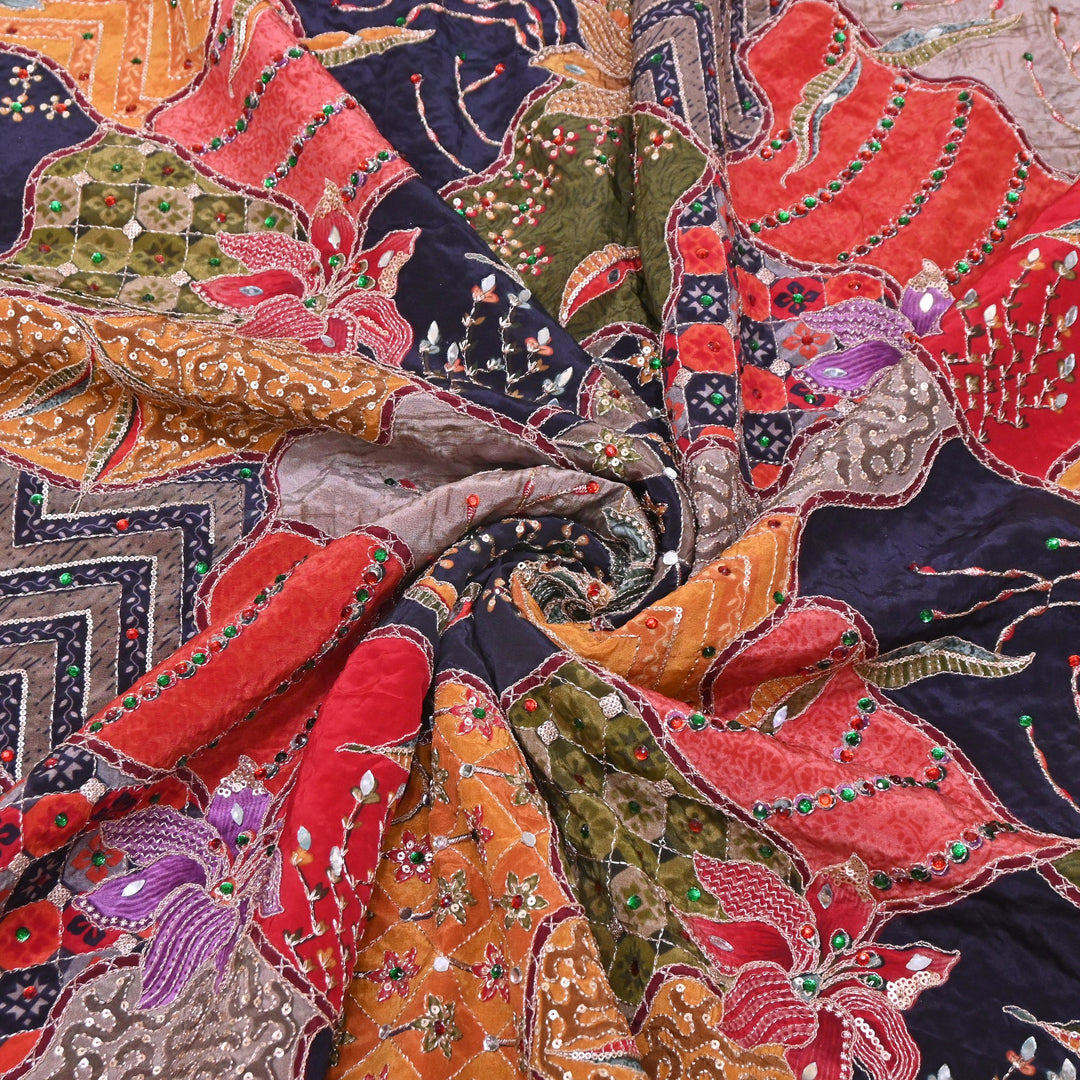 Multi Color Crape Position Print Handwork Sequins Embroidery Fabric | PS0705-03