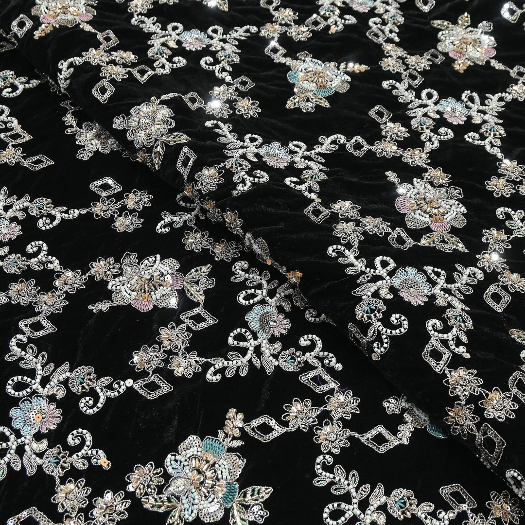 Premium Velvet Zari Moti & Sequins Embroidery Fabric – Luxury Designer Velvet Fabric | KC71432