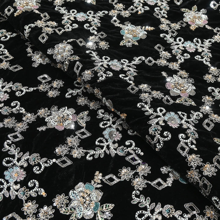 Premium Velvet Zari Moti & Sequins Embroidery Fabric – Luxury Designer Velvet Fabric | KC71432