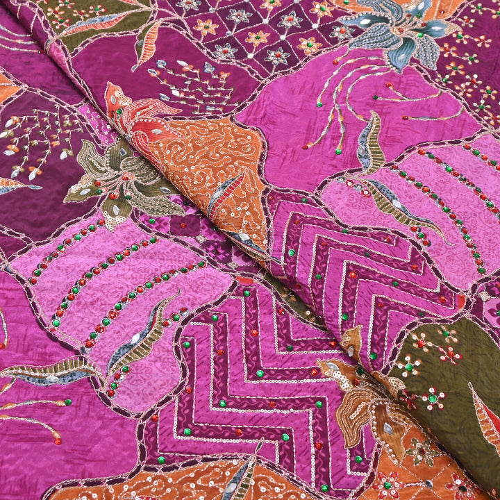Multi Color Crape Position Print Handwork Sequins Embroidery Fabric | PS0705-04