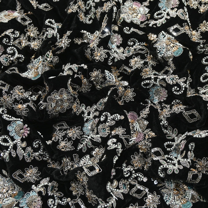Premium Velvet Zari Moti & Sequins Embroidery Fabric – Luxury Designer Velvet Fabric | KC71432