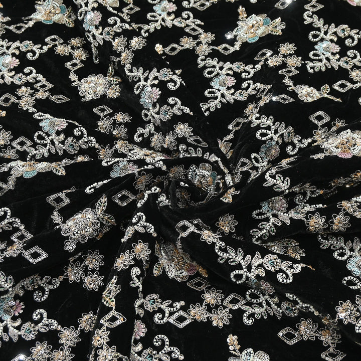 Premium Velvet Zari Moti & Sequins Embroidery Fabric – Luxury Designer Velvet Fabric | KC71432
