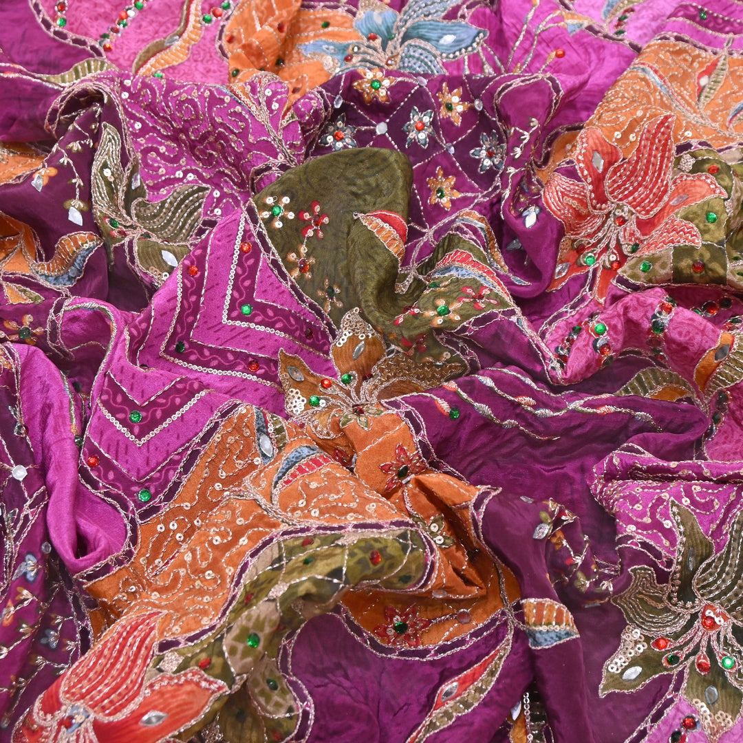 Multi Color Crape Position Print Handwork Sequins Embroidery Fabric | PS0705-04