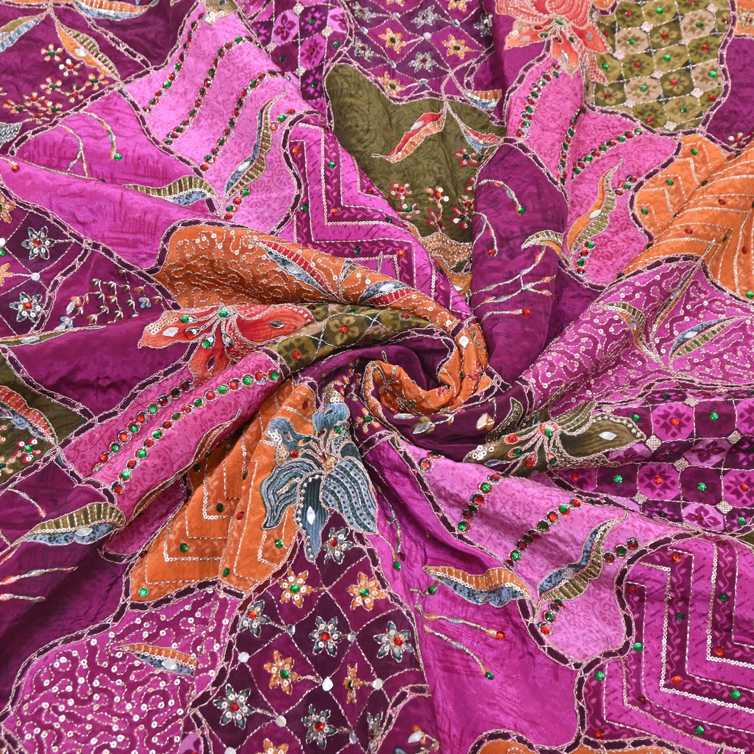 Multi Color Crape Position Print Handwork Sequins Embroidery Fabric | PS0705-04