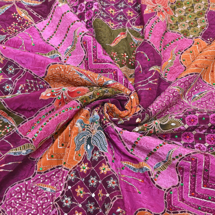 Multi Color Crape Position Print Handwork Sequins Embroidery Fabric | PS0705-04