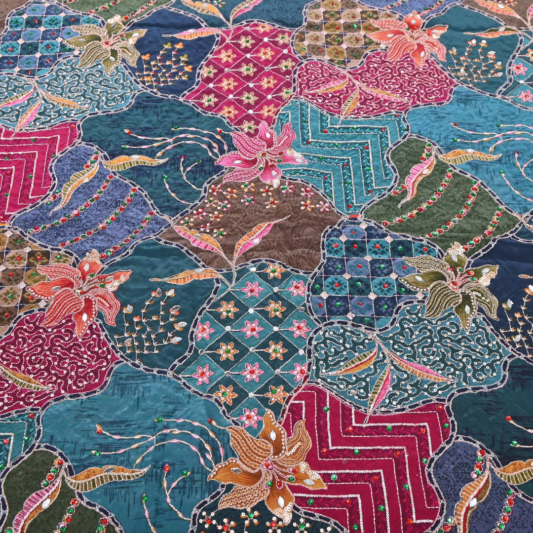 Multi Color Crape Position Print Handwork Sequins Embroidery Fabric | PS0705-05