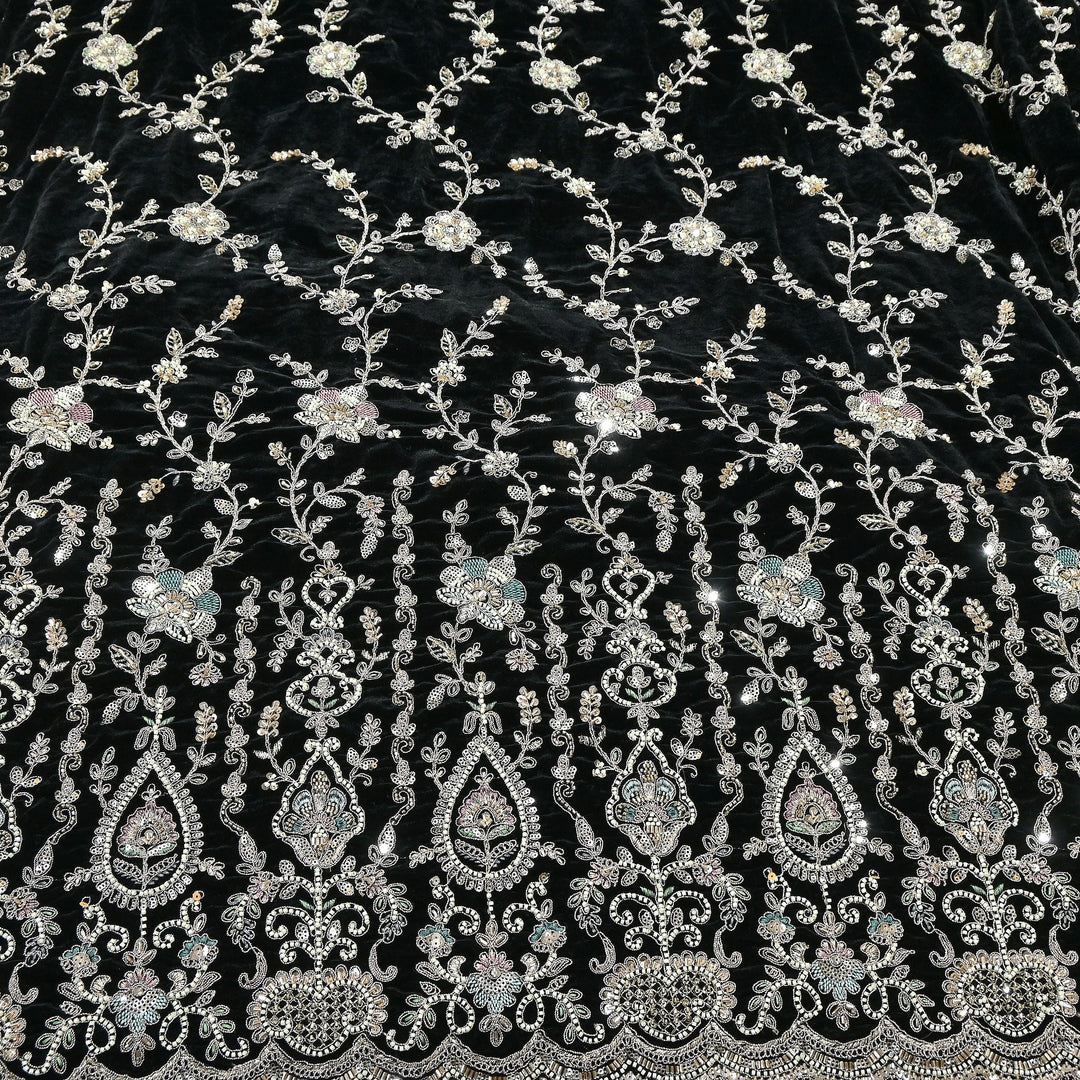 Luxury Velvet Zari Moti & Sequins Embroidery Fabric 54" – Premium Designer Velvet Fabric | K71432