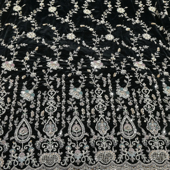 Luxury Velvet Zari Moti & Sequins Embroidery Fabric 54" – Premium Designer Velvet Fabric | K71432