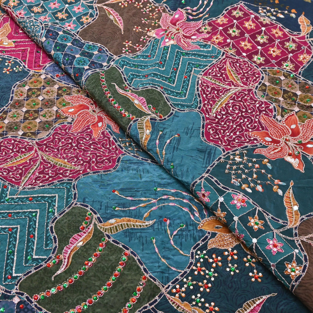 Multi Color Crape Position Print Handwork Sequins Embroidery Fabric | PS0705-05