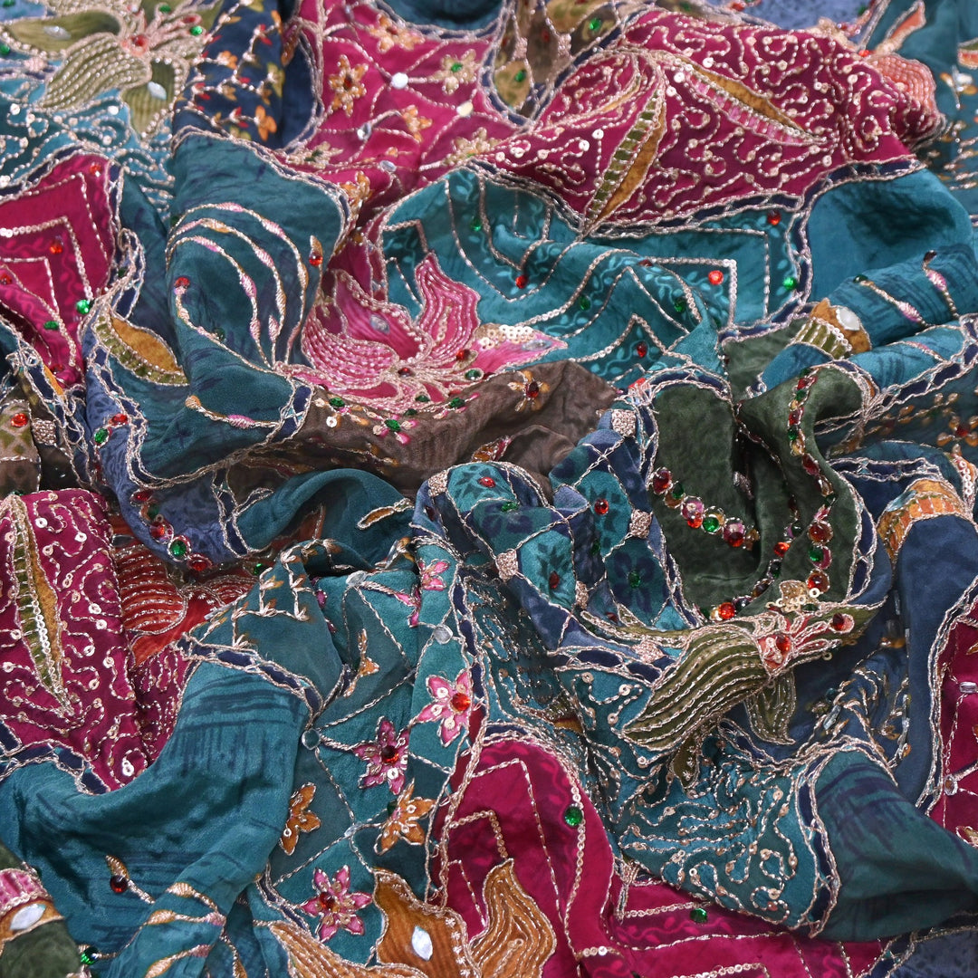 Multi Color Crape Position Print Handwork Sequins Embroidery Fabric | PS0705-05