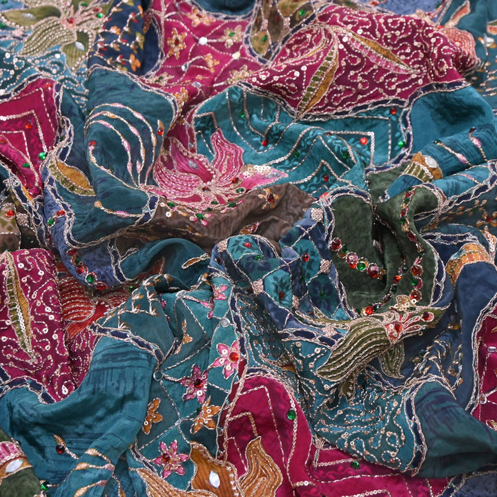 Multi Color Crape Position Print Handwork Sequins Embroidery Fabric | PS0705-05