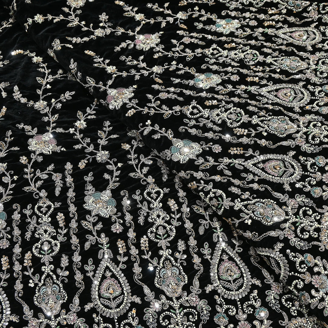 Luxury Velvet Zari Moti & Sequins Embroidery Fabric 54" – Premium Designer Velvet Fabric | K71432