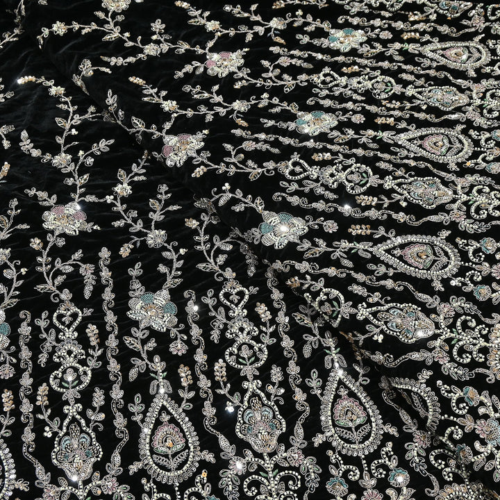 Luxury Velvet Zari Moti & Sequins Embroidery Fabric 54" – Premium Designer Velvet Fabric | K71432